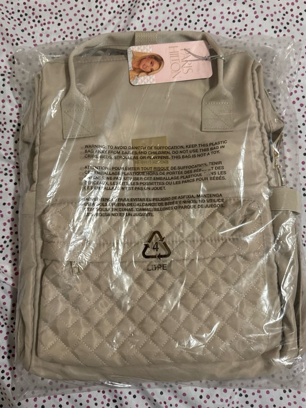 Paris Hilton Quilted Backpack in Beige with Pink Tag